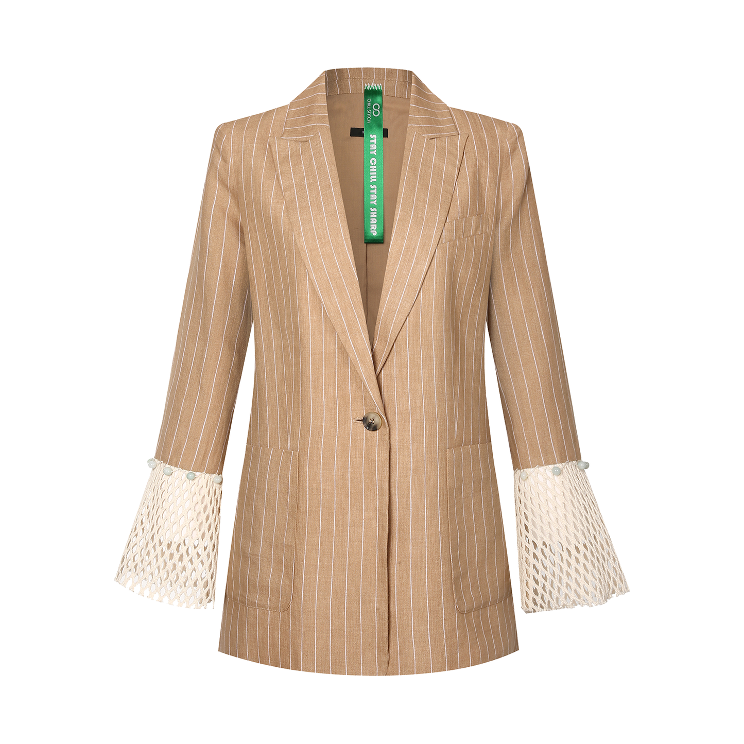 Sustainable Khaki Blazer with Jade Accents and Breathable Mesh