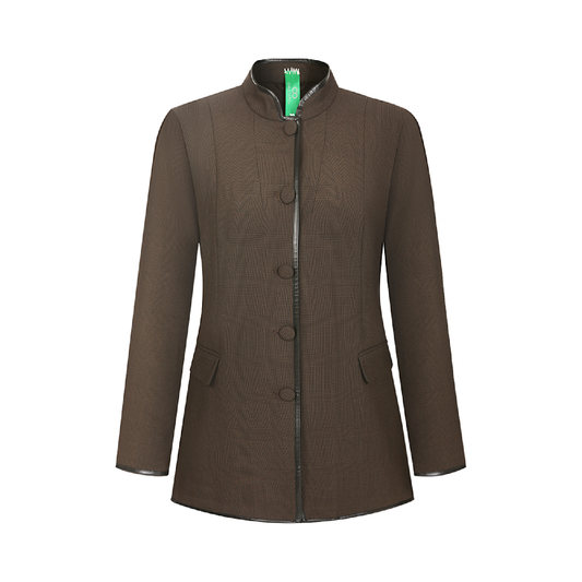 Upcycled Brown Stand-Collar Jacket – Plaid Meets Punk Edge