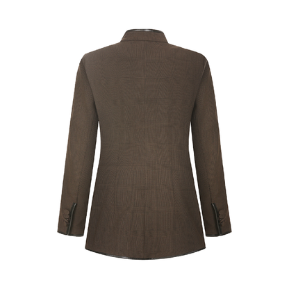 Upcycled Brown Stand-Collar Jacket – Plaid Meets Punk Edge