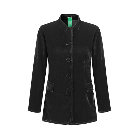 Black Velvet Stand-Collar Jacket – Vintage Luxury Meets Modern Minimalism