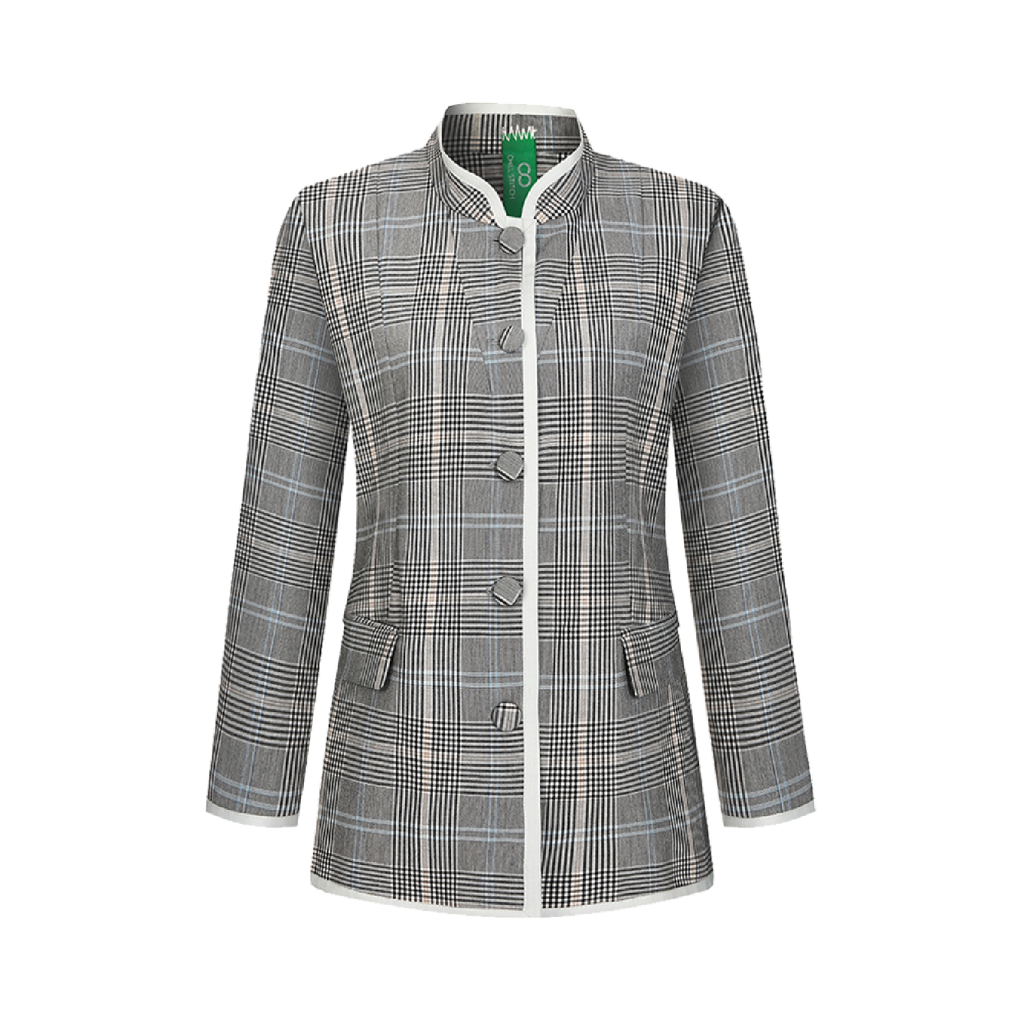 Upcycled Gray Plaid Stand-Collar Jacket – Modern Smart & Minimalist