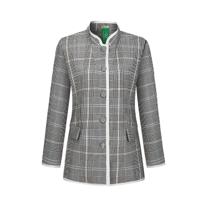 Upcycled Gray Plaid Stand-Collar Jacket – Modern Smart & Minimalist