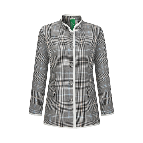 Upcycled Gray Plaid Stand-Collar Jacket – Modern Smart & Minimalist