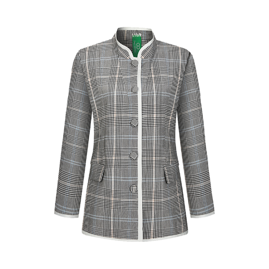 Upcycled Gray Plaid Stand-Collar Jacket – Modern Smart & Minimalist