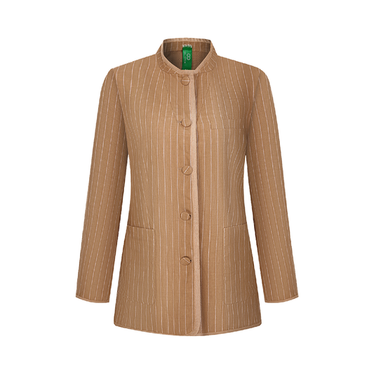 Upcycled Khaki Striped Stand-Collar Jacket – Subtle Shine & Elegant Structure