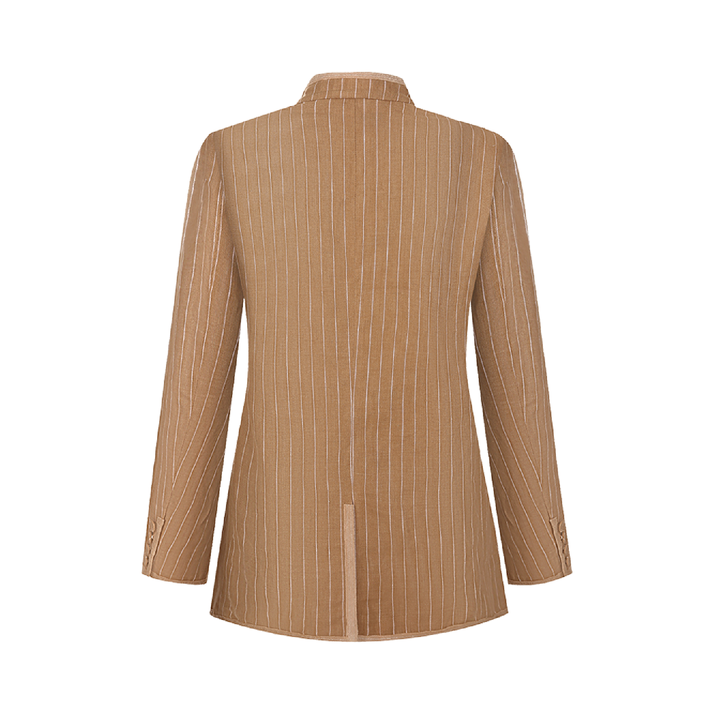 Upcycled Khaki Striped Stand-Collar Jacket – Subtle Shine & Elegant Structure