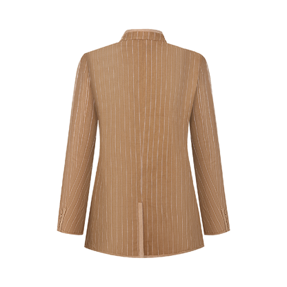 Upcycled Khaki Striped Stand-Collar Jacket – Subtle Shine & Elegant Structure