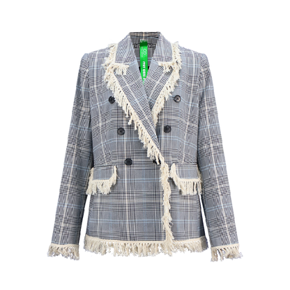 Upcycled Check Fringe Blazer – Vintage-Inspired Sustainable Outerwear