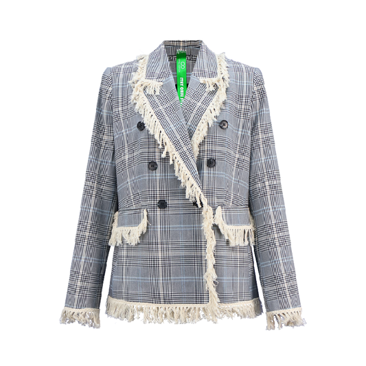 Upcycled Check Fringe Blazer – Vintage-Inspired Sustainable Outerwear