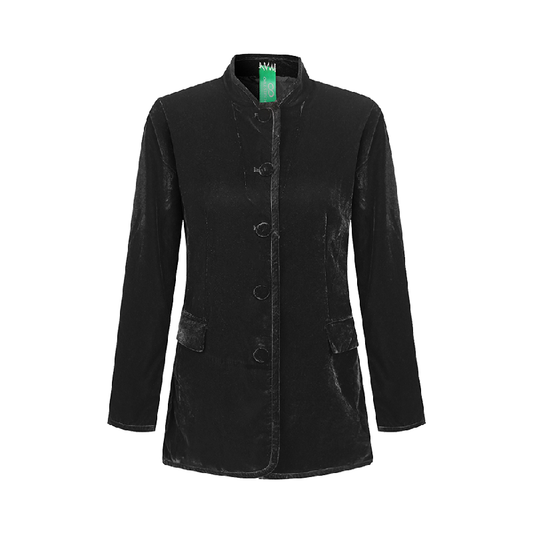 Black Velvet Stand-Collar Jacket – Vintage Luxury Meets Modern Minimalism