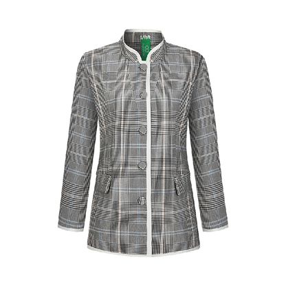 Upcycled Gray Plaid Stand-Collar Jacket – Modern Smart & Minimalist