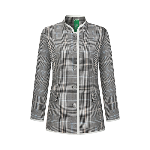 Upcycled Gray Plaid Stand-Collar Jacket – Modern Smart & Minimalist
