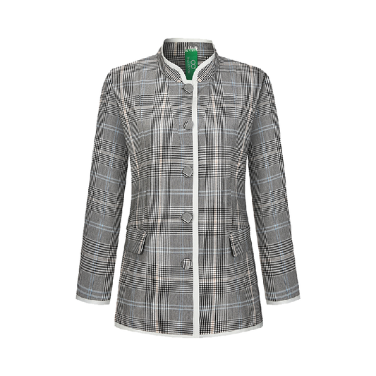 Upcycled Gray Plaid Stand-Collar Jacket – Modern Smart & Minimalist