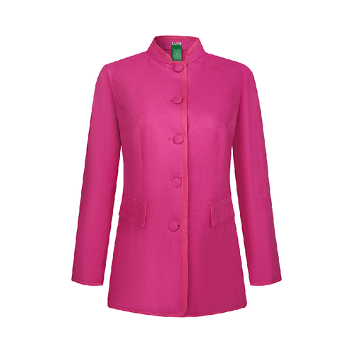 Upcycled Rose Red Stand-Collar Jacket – Modern Oriental Elegance
