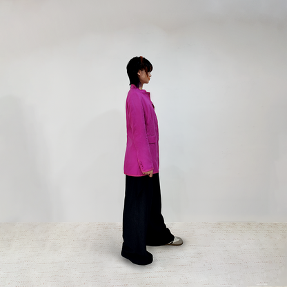Upcycled Rose Red Stand-Collar Jacket – Modern Oriental Elegance